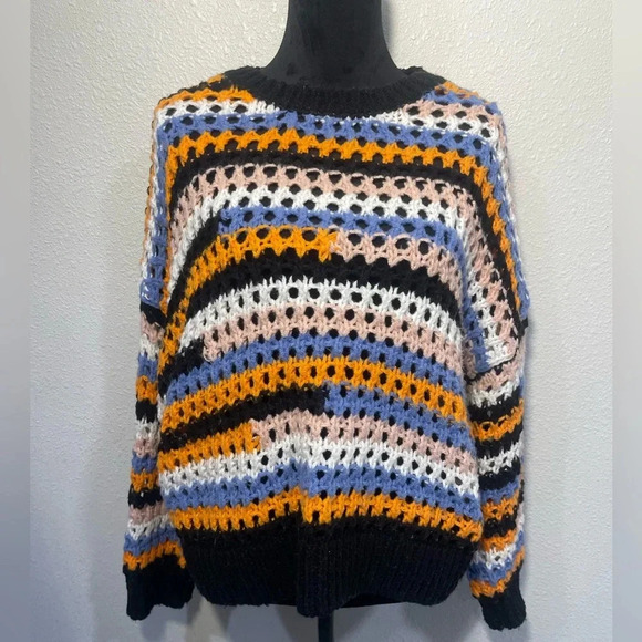H&M Divided Multicolor Orange, Navy, light Blue Open-Knit Sweater - Size M - Picture 1 of 7